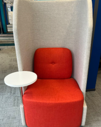 [#B6-10] High Back Sofa (Single Seater)
Red fabric upholsteried sofa
Light grey fabric panel
with white round table on right side