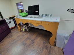 [#E3-56] Desk, 5-Drawers, High top with solid plastic work surface with wooden legs, 96"L x 36"W x 42"Ht