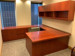 [#E8-86] Executive "U" Group w/ Wall Mounted Hutch, Tackboard, Tasklights
Desk w/ Box Box File,center Drawer, Credenza w/ Double Lateral File, Left Hand
Cherry