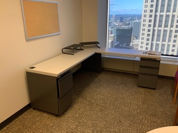 [#E6-78] Office "L" Group, Laminate w/ Metal Supporting Pedestals,
Desk w/ Box Box File Pedestal, Rerturn w/ File File Pedestals,
Right Hand, Light Grey Laminate, Charcoal Paint