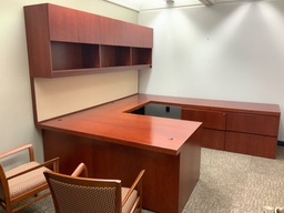 [#E8-20] Executive "U" Group w/ Wall Mounted Hutch, Tackboard, Task lights
Desk w/ Box Box File, Center Drawer, Credenza w/ Double Lateral File, Right Hand
Cherry