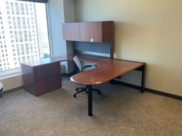 [#E8-GP33 Pic # (197)] Smed Private Office
Components: Power Frame Desking &amp; Overhead Support, Corner Bullet Top Desk, Corner Credenza / Return Desk w/ 2-Drawer Lateral File, 48"W Frame Mounted Doored Hutch, Tackboard
Left Hand