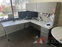 [#E6-9] Escritorio en escuadra de costado derecho con archivero de pedestal de 3 cajones, 2 gavetas sobrepuestas y cubierta color blanco