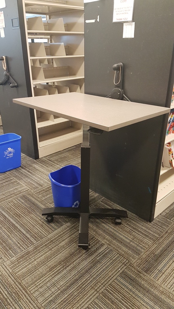 Square Table -adjustable height on wheels, wood metal