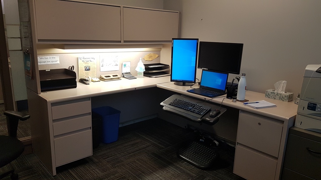 Desk L Shaped (1 BF ped, 1 FF ped, wood, 1 overhead, wood, metal)