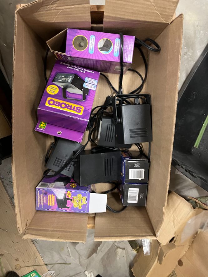 Box of strobe lights, misc.