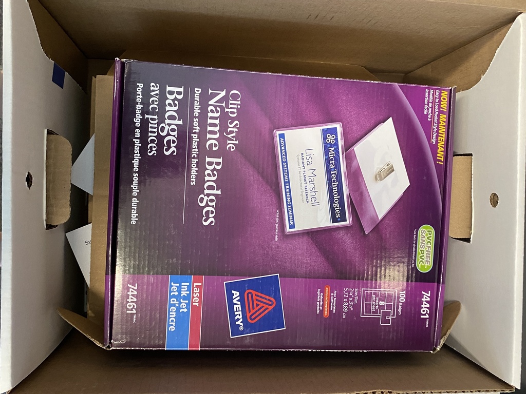 Box of Name Badges and Misc. Items