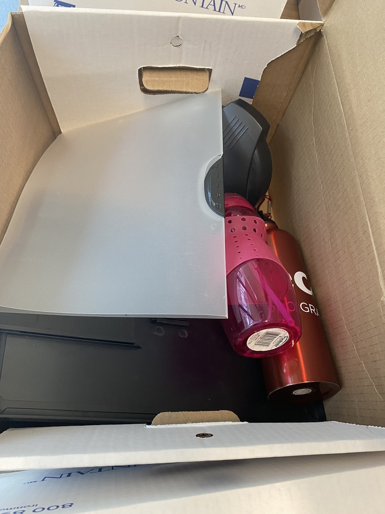 Box of Water Bottles and Misc. Items