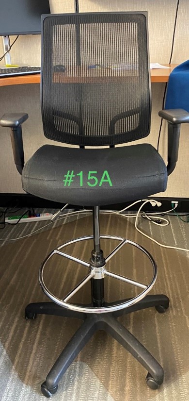 STOOL w/ cushioned seat, mesh back, plastic frame w/ foot ring