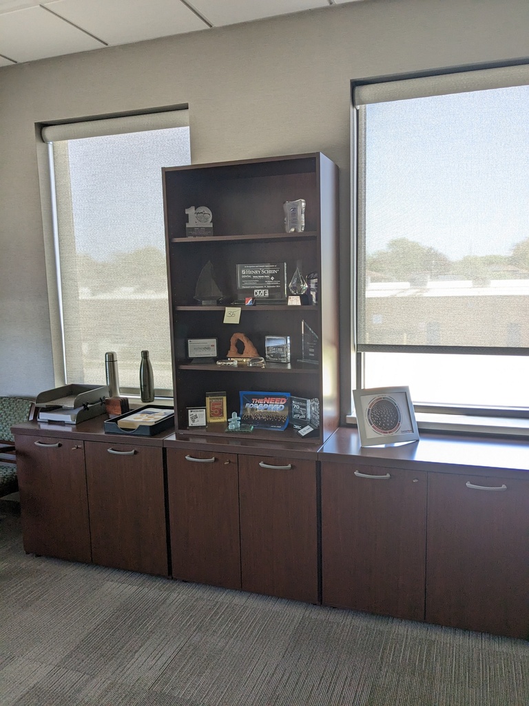 storage wall, 3 2-door cabinets with 1 4-high bookshelf on top