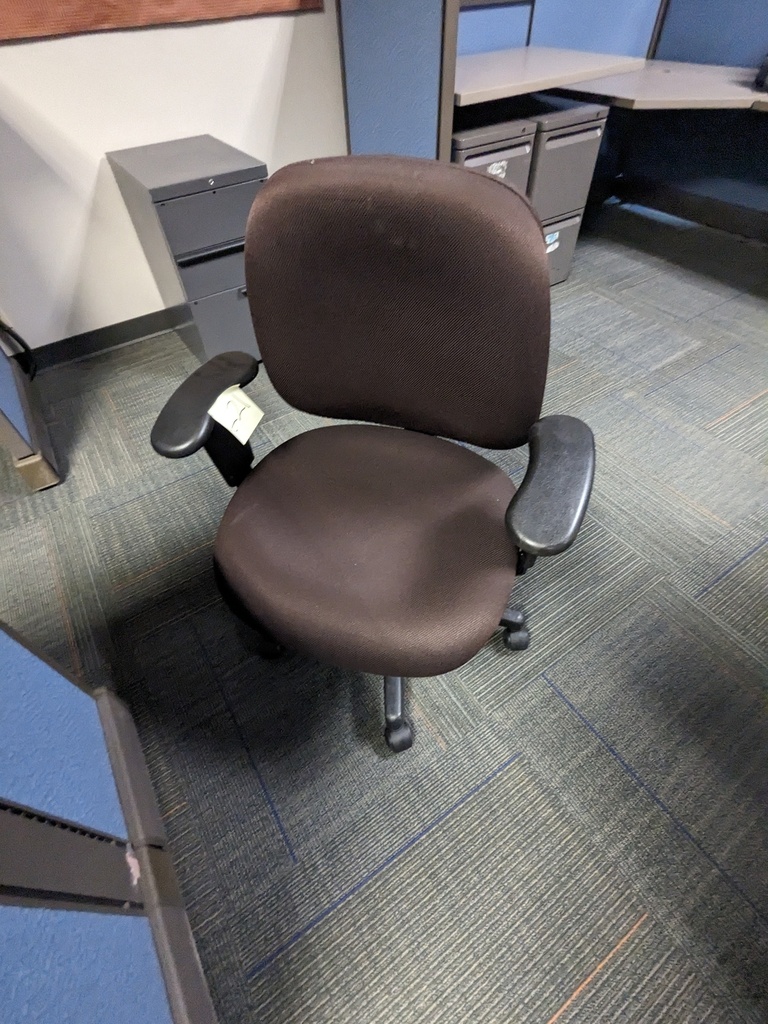 brown task chair, fully upholstered, fixed arms, swivel base
