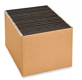 Box of folders, notebooks, and labels