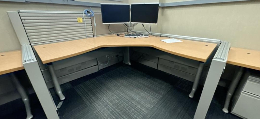 6' x 6' Crank Height Adjustable Desk, Maple with  BF Ped, 95" x 31" x 14"/28"