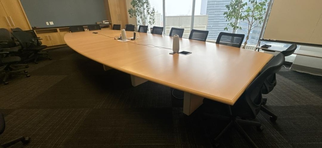 20' Boatshape Boardroom Table with Electrical, Maple, 139" x 40" x 25"/48"