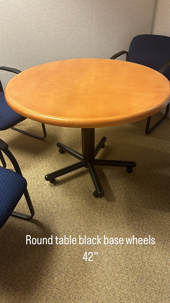 Wood Round Table, black base with wheels