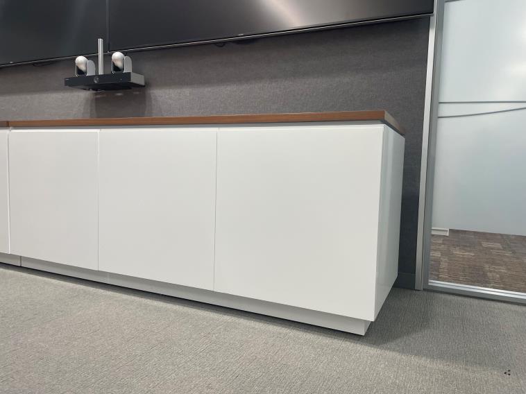 White/Wood Credenza, 3-Door: 72”W x 30”H x 24 ¾ ”D