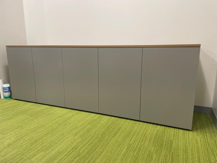 Gray Wood Credenza, 5-Door: 90”W x 29 ½ ”H x 20”D