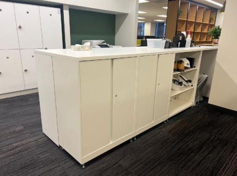Unit w/ (9) Columns Of Lockers, (1) Bookshelf, (2) Storage Cabinet w/ Common Top