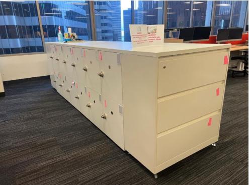 Unit w/ (9) Columns Of Lockers, (3) 3 Drawer Lateral Files w/ Common Top