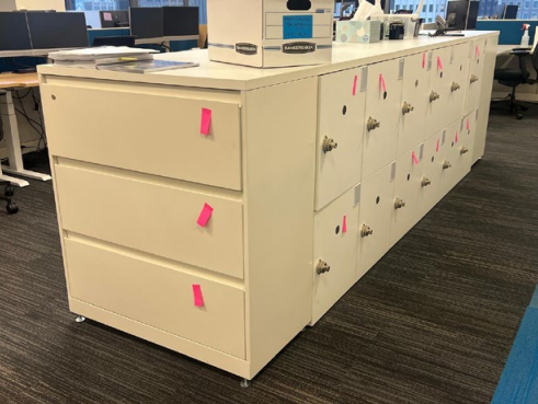 Unit w/ (12) Columns Of Lockers, (2) 3 Drawer Lateral Files w/ Common Top