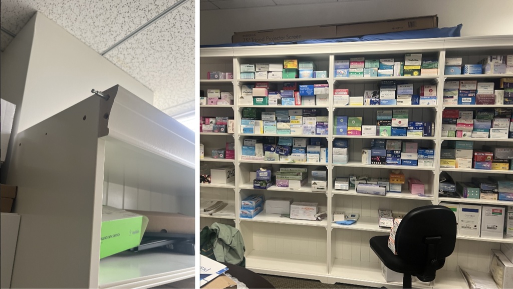 Tall white bookshelves with trim (can be used individually or connected)