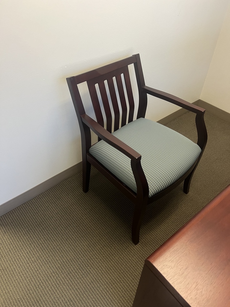 Wood back guest chair, blue seat 