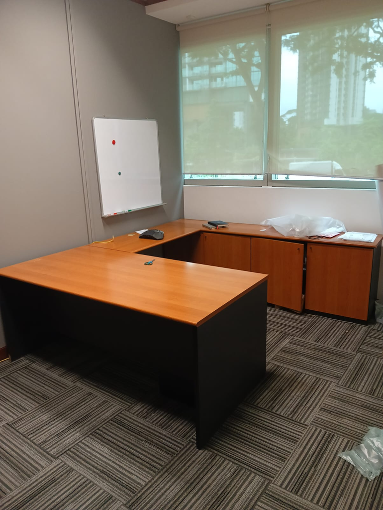 L shape table with cabinet

