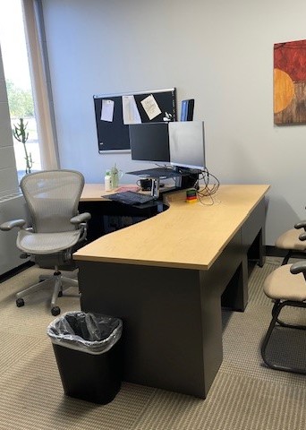 L-Shape Double Ped Desk WOOD TOP/METAL BASE (photo representation)