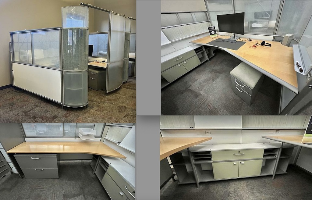 Complete Workstation w/ Exterior Structure, Desk, Table with Lateral, Shelving Unit, and Mobile Peds