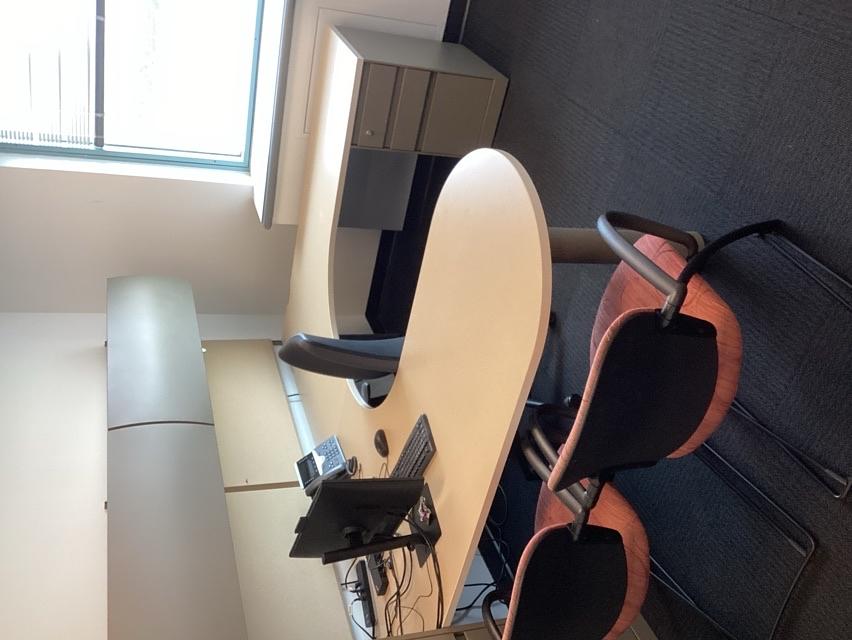 U-shape desk w/ overhead cabinets &amp; corkboards