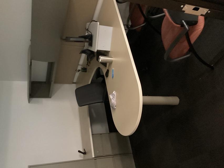 U-shape desk w/ overhead cabinets &amp; corkboards