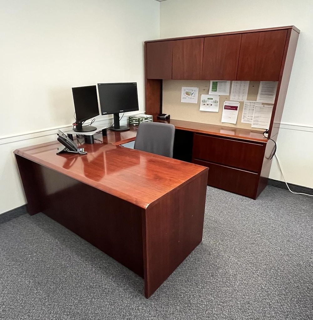 U-Shaped Desk with Overhead - mahogany