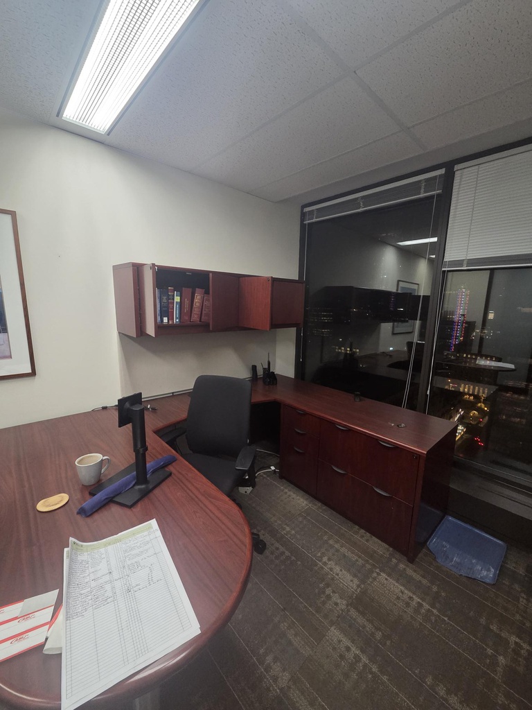 u shape desk with credenza overhang hutch