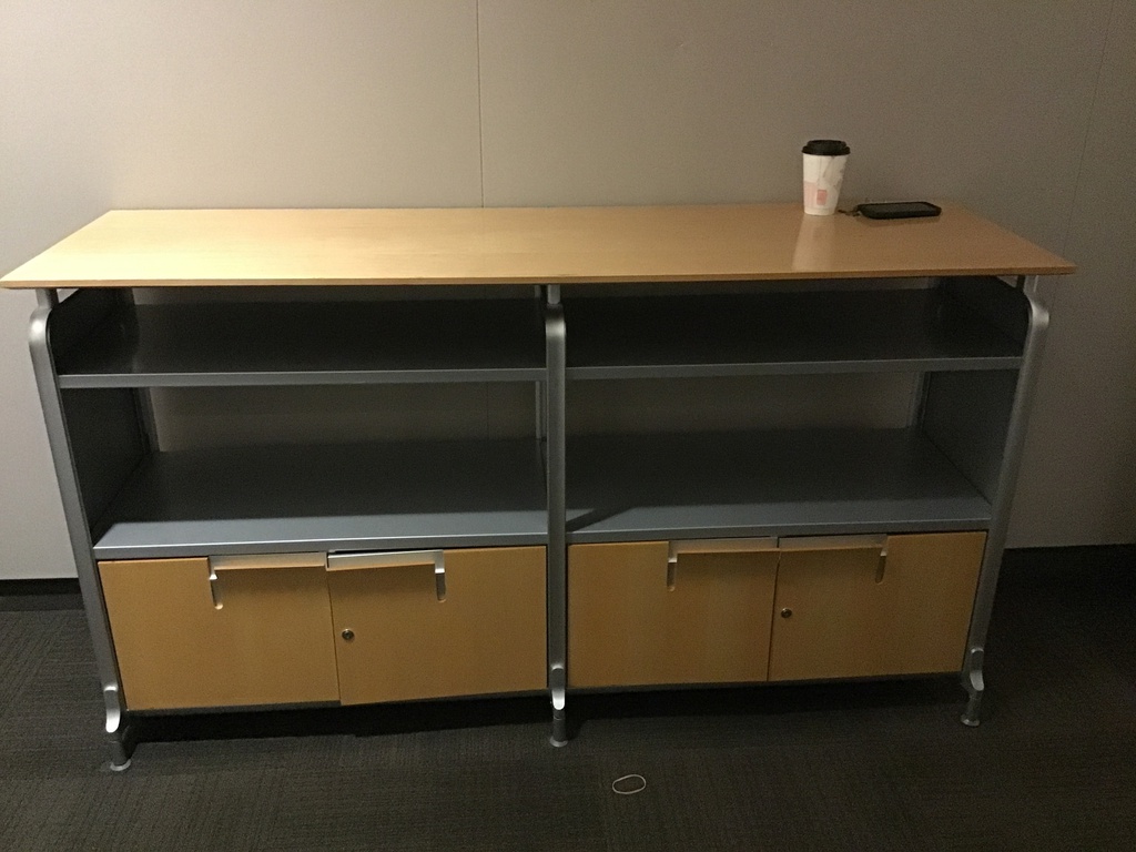 L22" W70" H39" Metal cabinet Maple top/silver frame