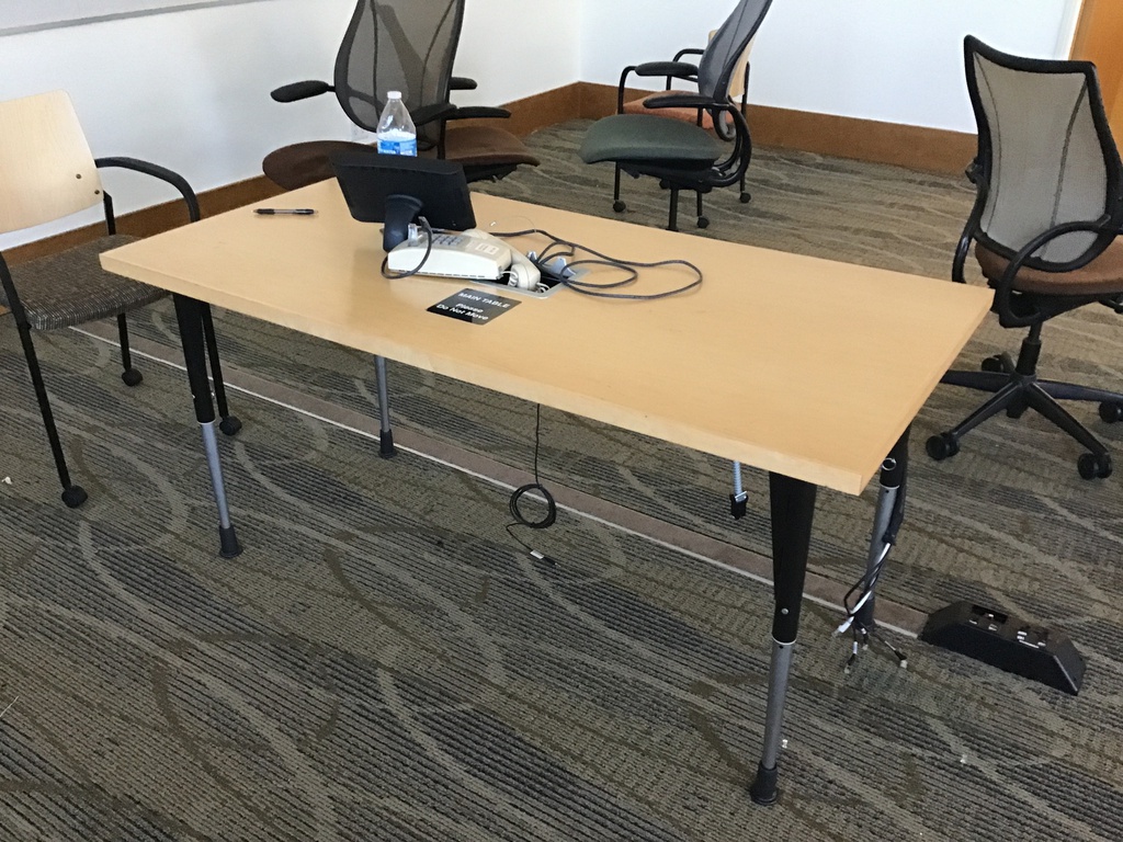 L60" W30" H29" Conf table Maple top/black &amp; silver post legs