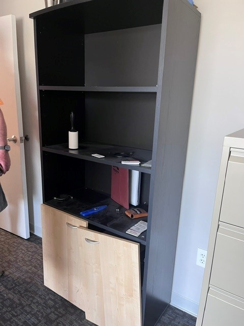 Cabinet- Blk with light wood doors - half open shelves