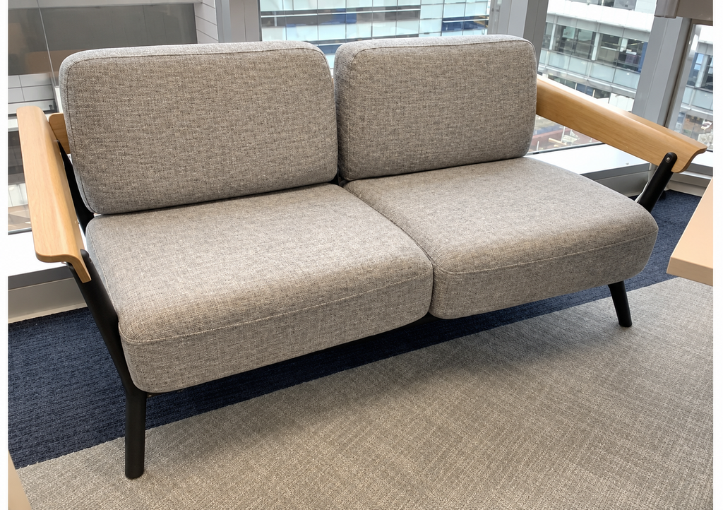 Sofa (2-Seater)
Grey fabric upholstery
Wooden armrests
Black frame &amp; 4-legs base