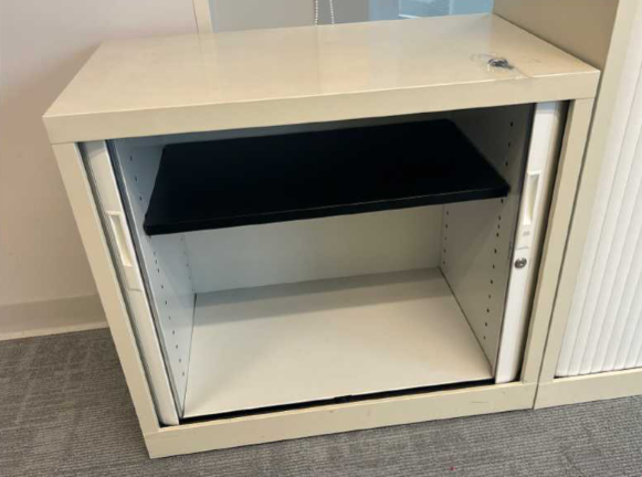 Low Roller Shutter Door Cabinet
Black adjustable shelf
White steel finish
