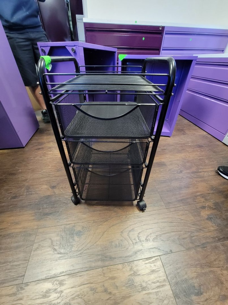 Rolling Cart, 3-Basket compartments with a open upper shelf black metal, 17"L       16" x 27"Ht