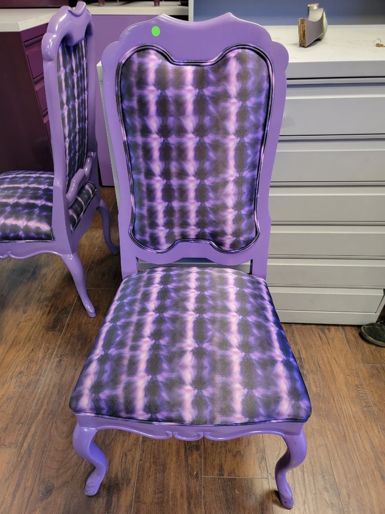 Chair, High back purple and black tie die pattern armless with purple wooden frame and legs, 21" x 18" x 43"Ht