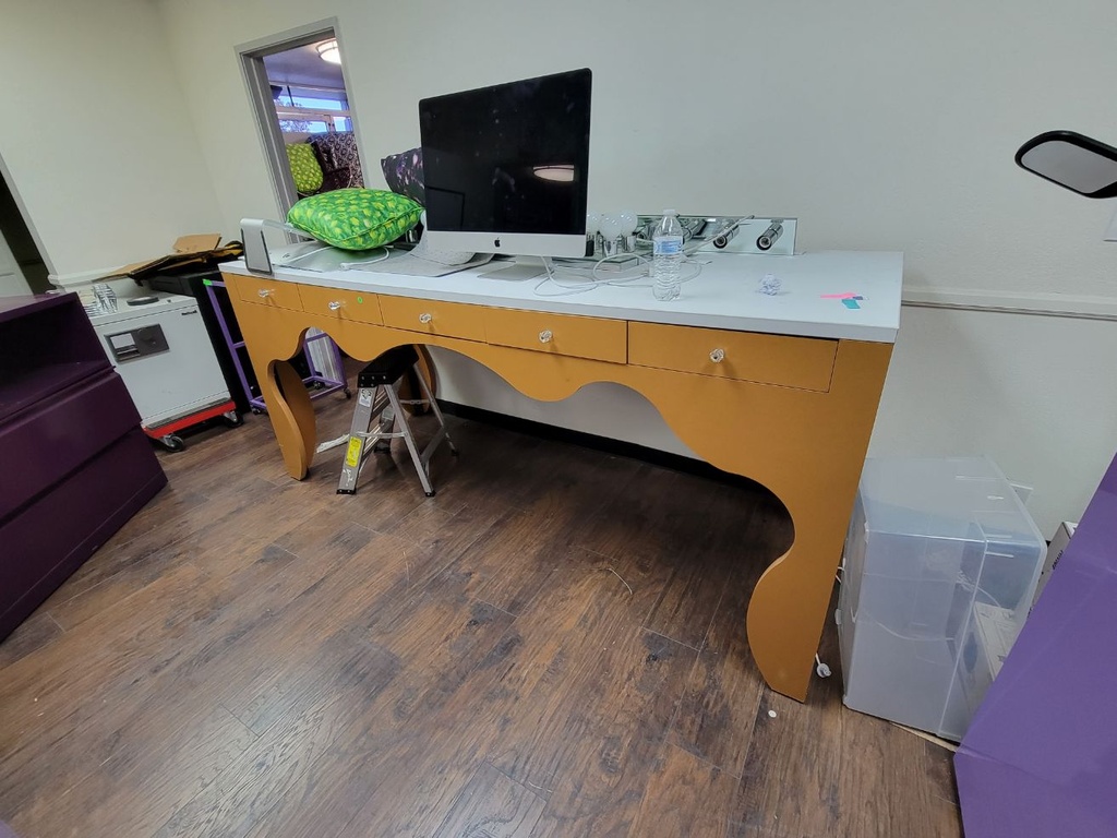 Desk, 5-Drawers, High top with solid plastic work surface with wooden legs, 96"L x 36"W x 42"Ht