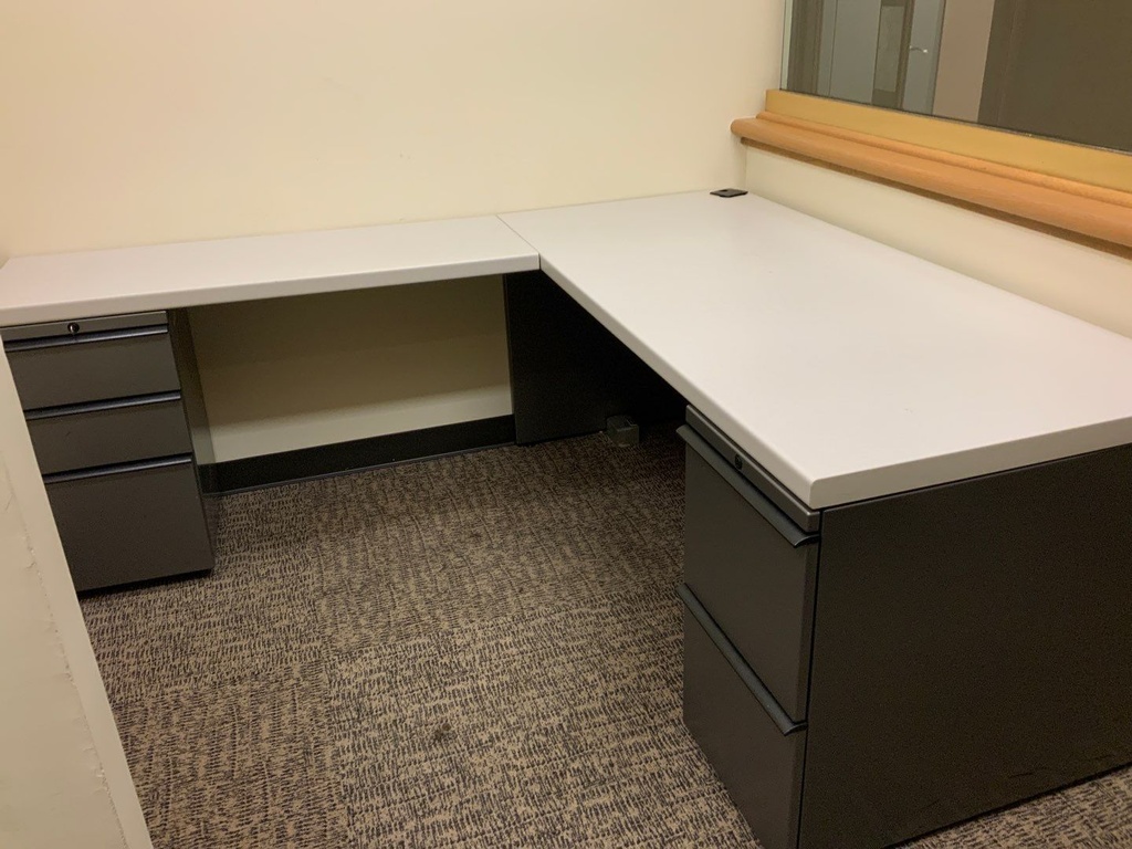 Admin "L" Group, Laminate w/ Metal Supporting Pedestals,
Desk w/ Box Box File Pedestal, Credenza w/ File File Pedestals,
Right Hand, Light Grey Laminate, Charcoal Paint