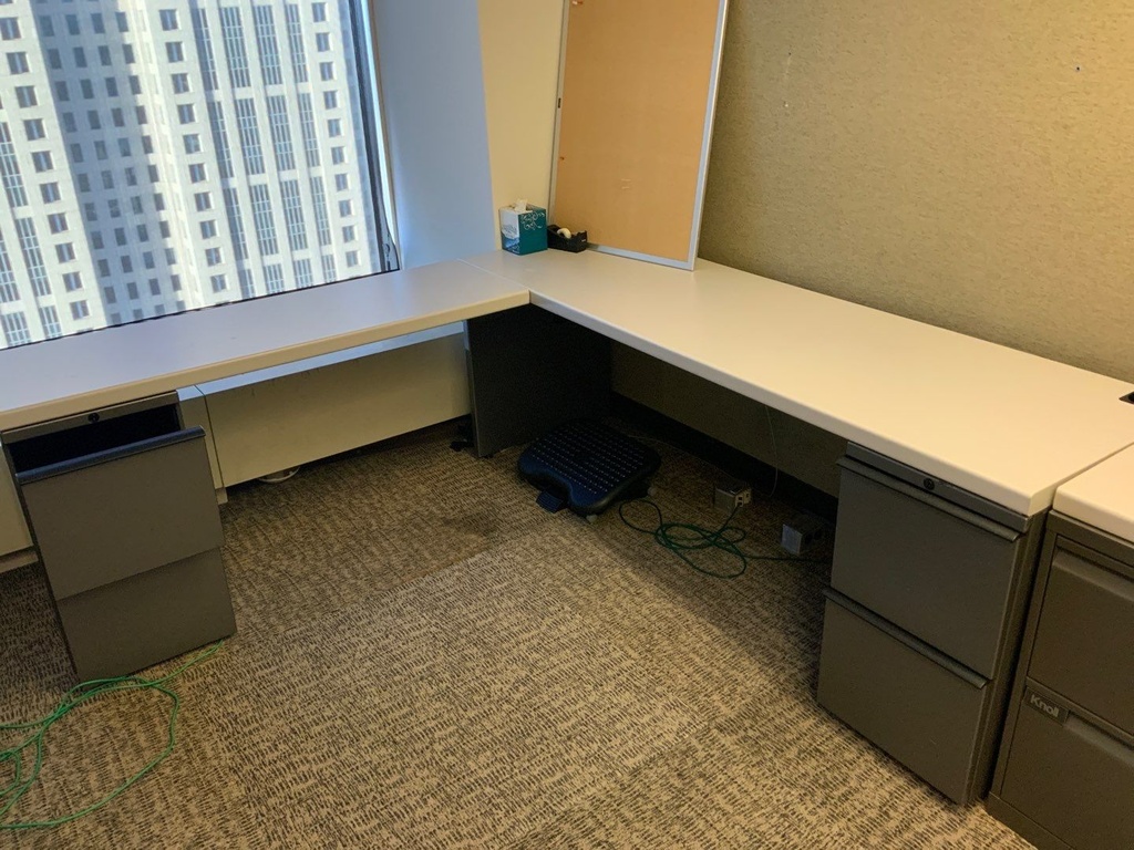Office "L" Group, Laminate w/ Metal Supporting Pedestals,
Desk w/ Box Box File Pedestal, Return w/ File File Pedestals,
Left Hand, Light Grey Laminate, Charcoal Paint