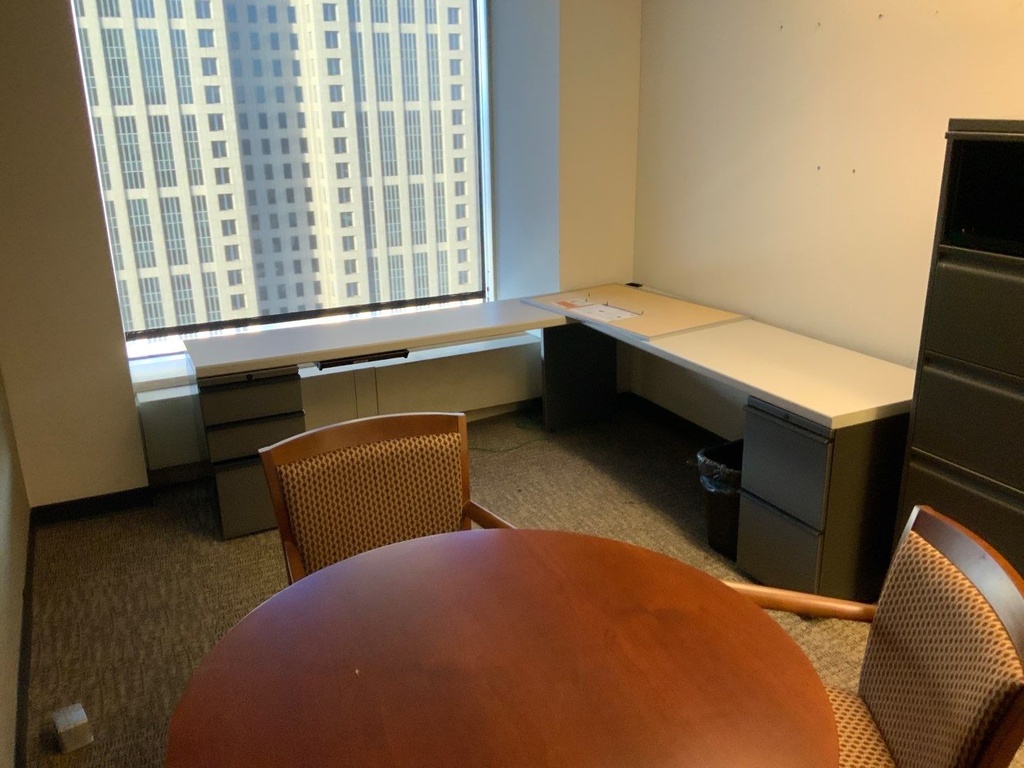 Office "L" Group, Laminate w/ Metal Supporting Pedestals,
Desk w/ Box Box File Pedestal, Return w/ File File Pedestals,
Right Hand, Light Grey Laminate, Charcoal Paint