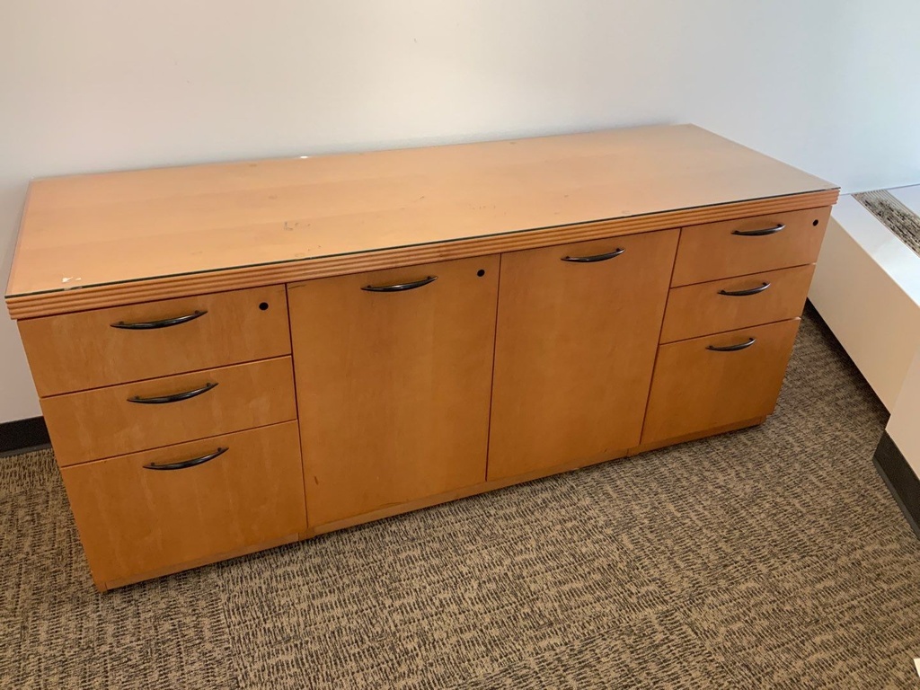 Credenza, Storage, BBF Left and Right, w/ Doors, Veneer, Natural Maple w/ Glass Top