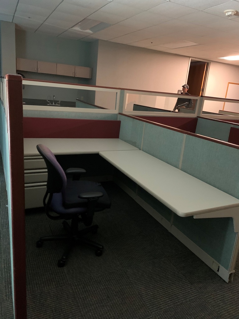 Complete Workstation Mid - Green Panel - Wood Trim - 3-Drawer Ped. - Tan Surface