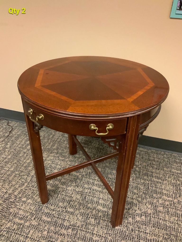 Traditional Round End Table, 22" Dia w/ Drawer, Inlay Top