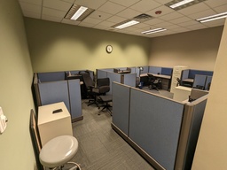 [#A4-120] workstations - fabric panel L-shape worksurfaces, 2 hanging shelves, tackboard, 42"H panels