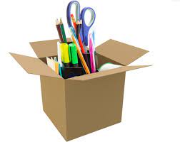 [#I2-1] Box of misc. supplies (e.g. acrylic stands, hole punches, staplers, wire desk organizers, tape dispensers)