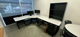 [#E6-27] 3-Piece L-Shape Desk with FF Ped and Hutch, Grey/Black